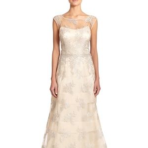 Kay Unger New Formal Dress Gown Ivory Silk Opulent Silver Embroidery Size 12 NWT